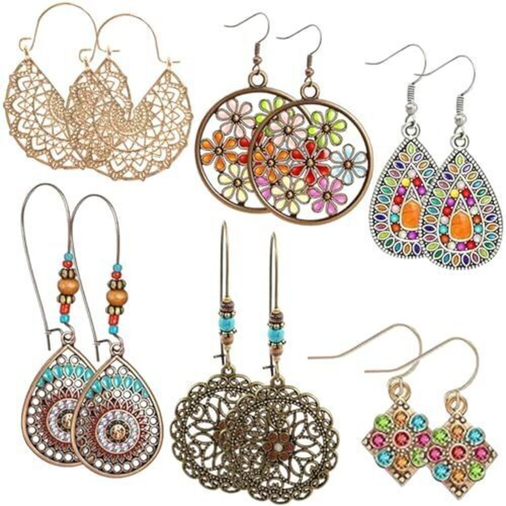 6844 6 Pairs Retro Bohemian Drop Dangle Earrings, Vintage Boho Chic